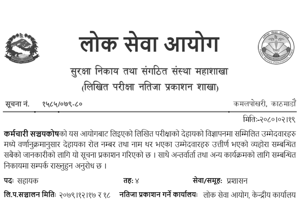 Karmachari Sanchaya Kosh Written Exam Result of 4th Level Assistant