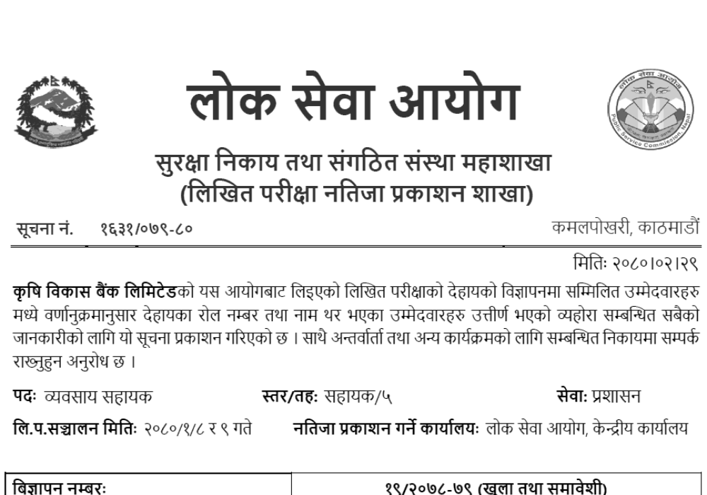 Krishi Bikas Bank Limited Results for 5th Level Business Assistant Positions