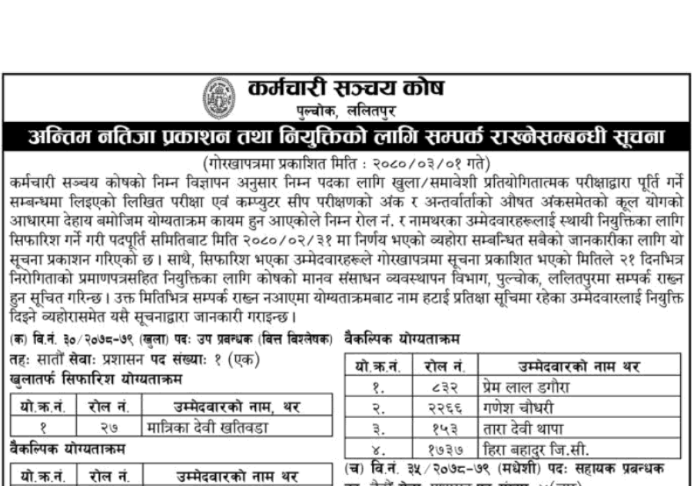Karmachari Sanchaya Kosh Final Result of Various Positions