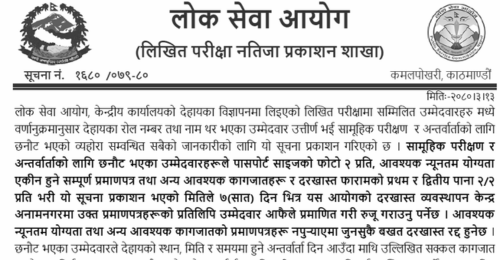 Lok Sewa Aayog Written Exam Result of Engineering (Metrology, Meteorology, Chemical, Mining)