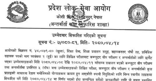 Koshi Pradesh Lok Sewa Aayog Final Result of 5th Level Technical Assistant (Education)