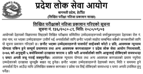 Bagmati Pradesh Lok Sewa Aayog Written Exam Result of Technical Assistant (Veterinary)