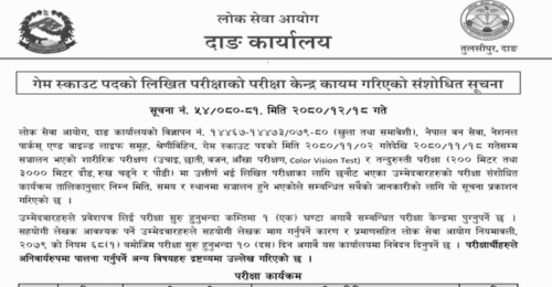 Lok Sewa Aayog Dang Revised Exam Center for Game Scout Second Phase Exam