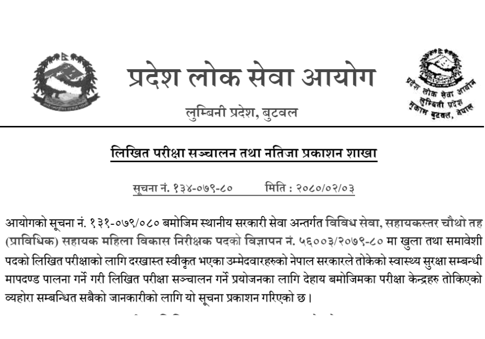 Lumbini Pradesh Lok Sewa Aayog Written Exam Center of Sahayak Mahila Bikas Nirikshak